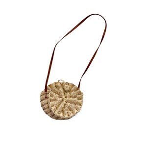 American Eagle Straw Round Crossbody Bag Gold Thread Woven Tan